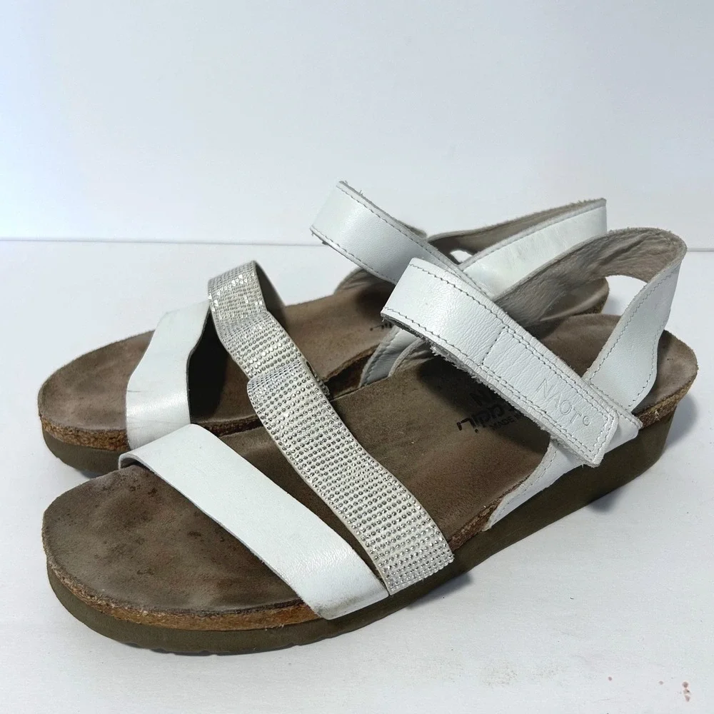 Naot Krista Rhinestone Wedge Sandals Womens 39 8 White Leather Comfort Cork